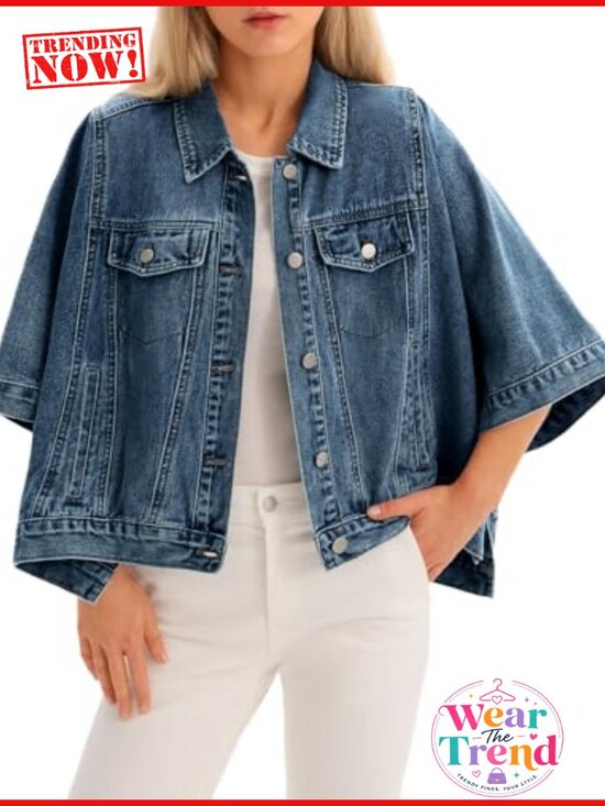 Jackets & Blazers - Oversized Cropped Denim Cape Jacket Button Down Half Sleeve Chest Pockets Loose
